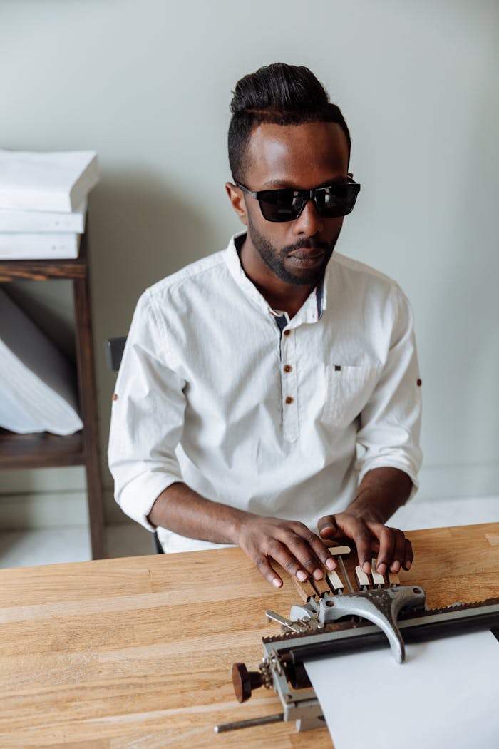 A blind man in sunglasses types on a Braille typewriter at a wooden desk indoors.